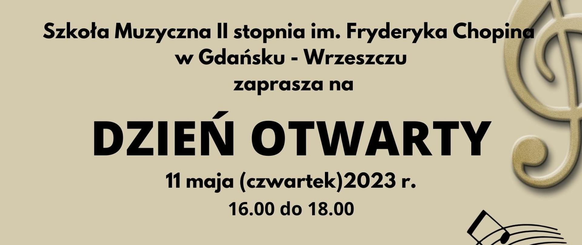 Plak informujący o Dniu Otwartym Szkoły Muzycznej II st w Gdańsku- Wrzeszczu, który odbędzie się 11 maja 2023 r.