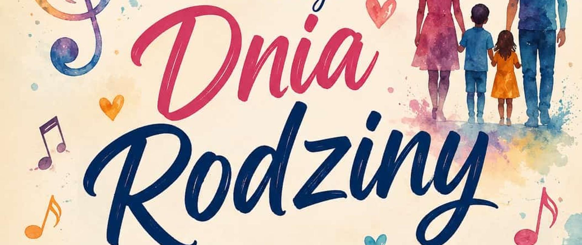 Plakat na białym tle. Na górze strony pomiędzy kolorowymi sercami i nutami napis: Koncert Szkoły Muzycznej z okazji Dnia Rodziny oraz po prawej stronie stojące tłem postacie trzymające się za ręce: kobieta, chłopiec, dziewczynka, mężczyzna. Poniżej informacje o terminie i miejscu koncertu. Na dole strony z lewej strony czarny fortepian z otwartą klapą, na środku napis Muzyka łączy pokolenia, a w prawym dolnym rogu brązowe skrzypce ustawione gryfem do góry, a obok złoty saksofon. 