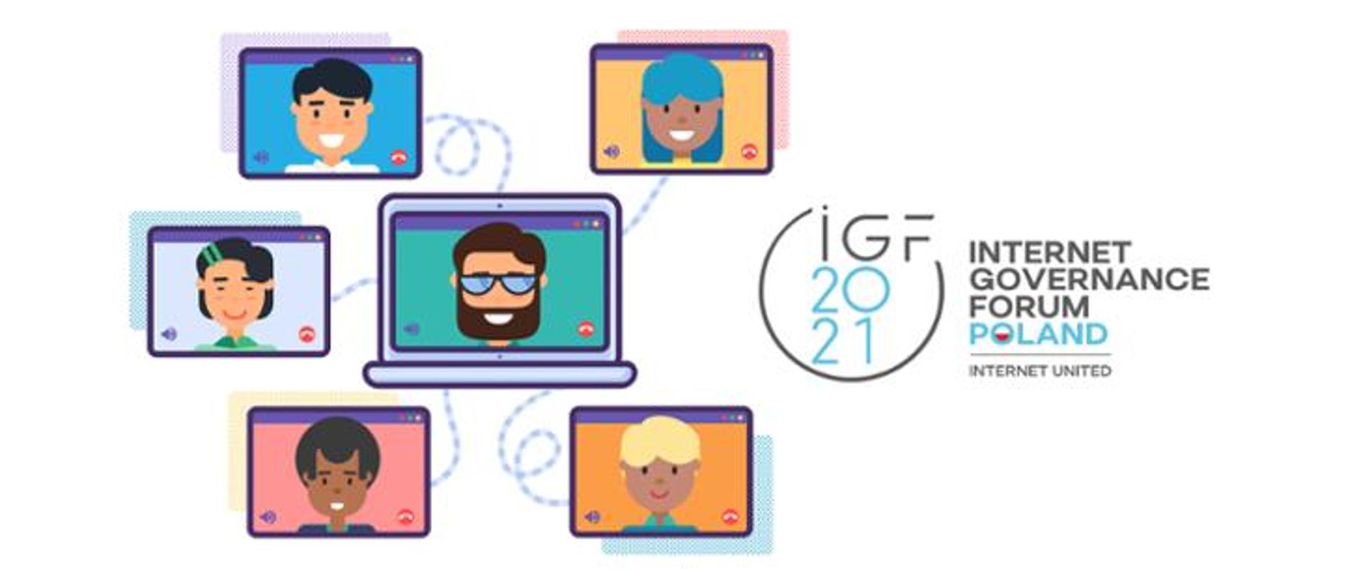 Zdjęcie przedstawia pięć animowanych ekranów komputera, na których widać postacie rysunkowe osób rozmawiających ze sobą za pomocą wideo aplikacji. Po prawej stronie znajduje się logo Forum Zarządzania Internetem. 