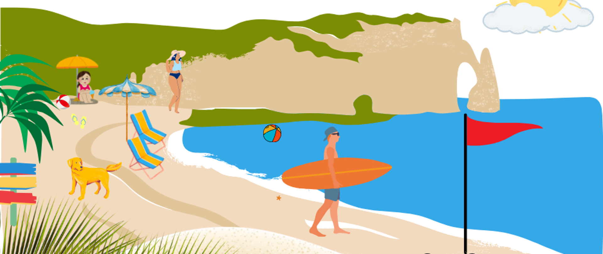 Ludzie na plaży, na której znajduje się czerwona flaga. 