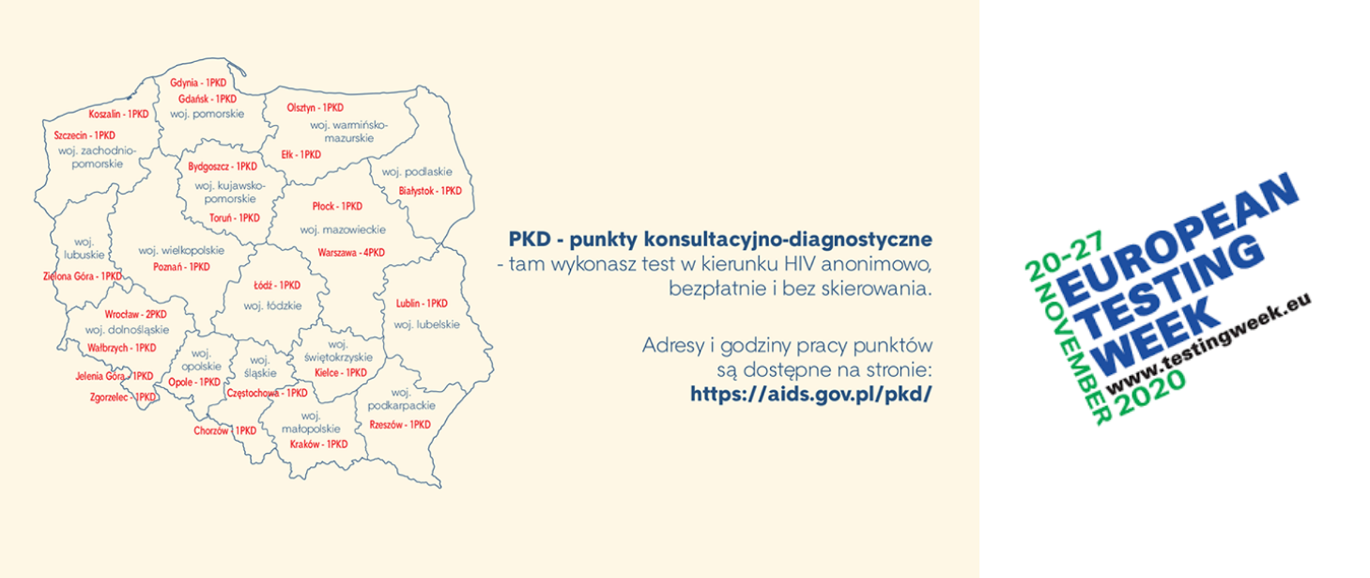 Mapa Punktów Konsultacyjno-Diagnostycznych, logo Europejskiego Tygodnia Testowania
Zaznaczone miejsca: Szczecin, Koszalin, Gdynia, Gdańsk, Olsztyn, Ełk, Białystok, Zielona Góra, Poznań, Bydgoszcz, Toruń, Płock, Warszawa (4 punkty), Lublin, Wrocław (2 punkty), Wałbrzych, Jelenia Góra, Zgorzelec, Opole, Łódź, Częstochowa, Chorzów, Kielce, Kraków, Rzeszów