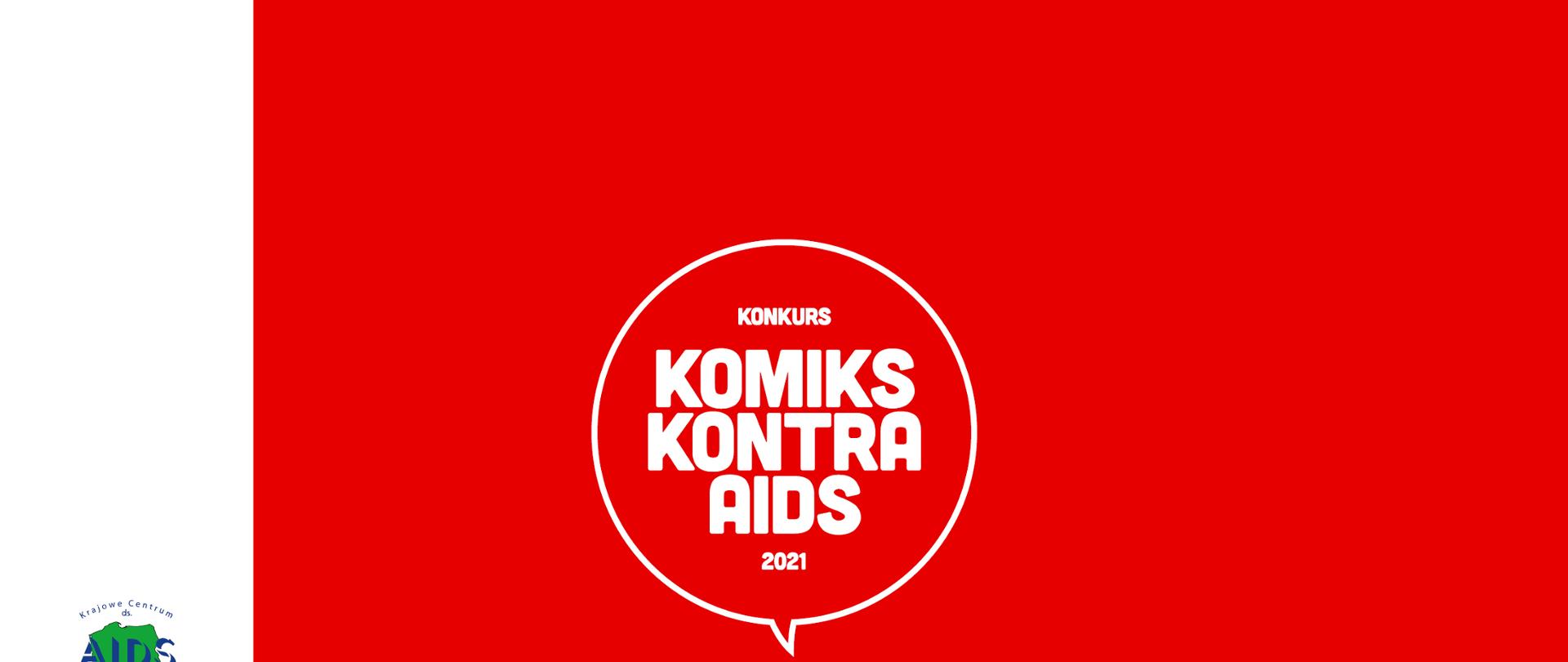 Na czerwonym tle w kole umieszczony biały napis komiks kontra Aids 2021