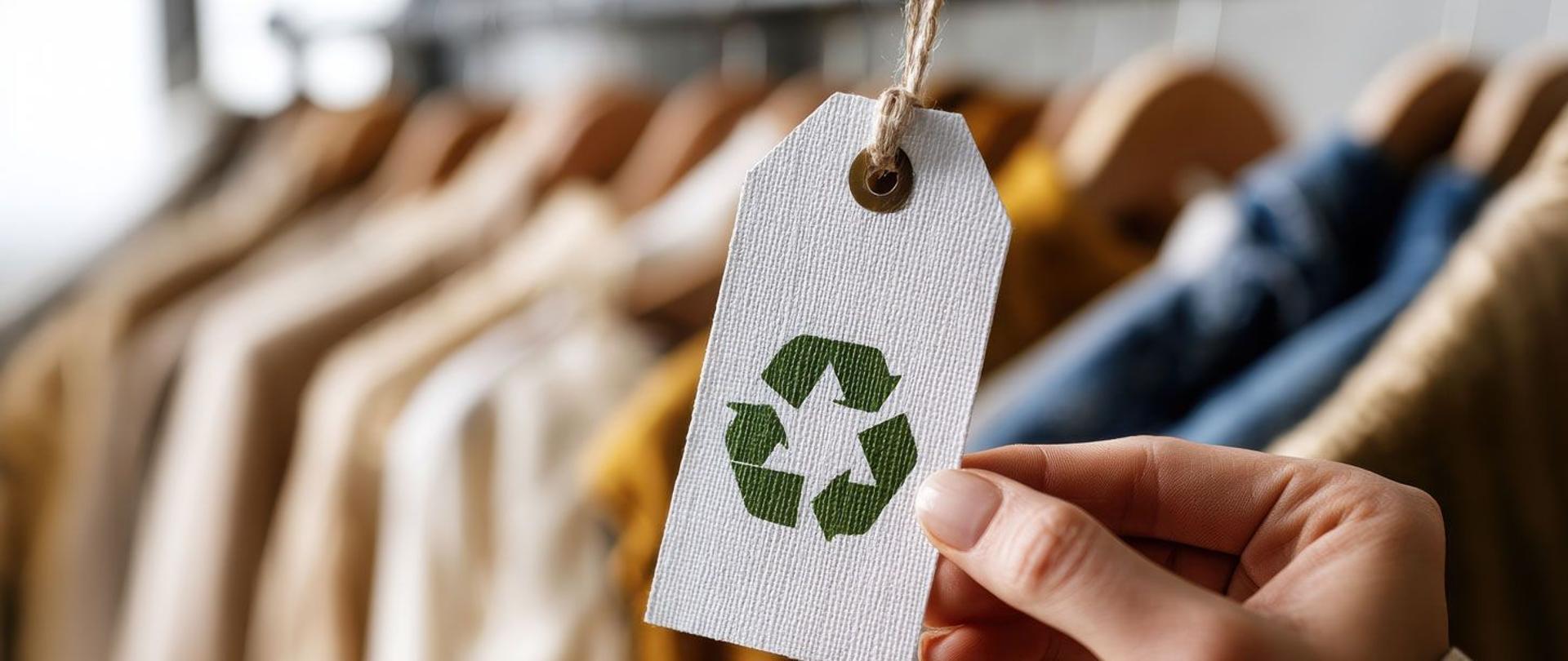 dłoń trzymająca metkę z piktogramem recyklingu, w tle rozmyty wieszak sklepowy z ubraniami