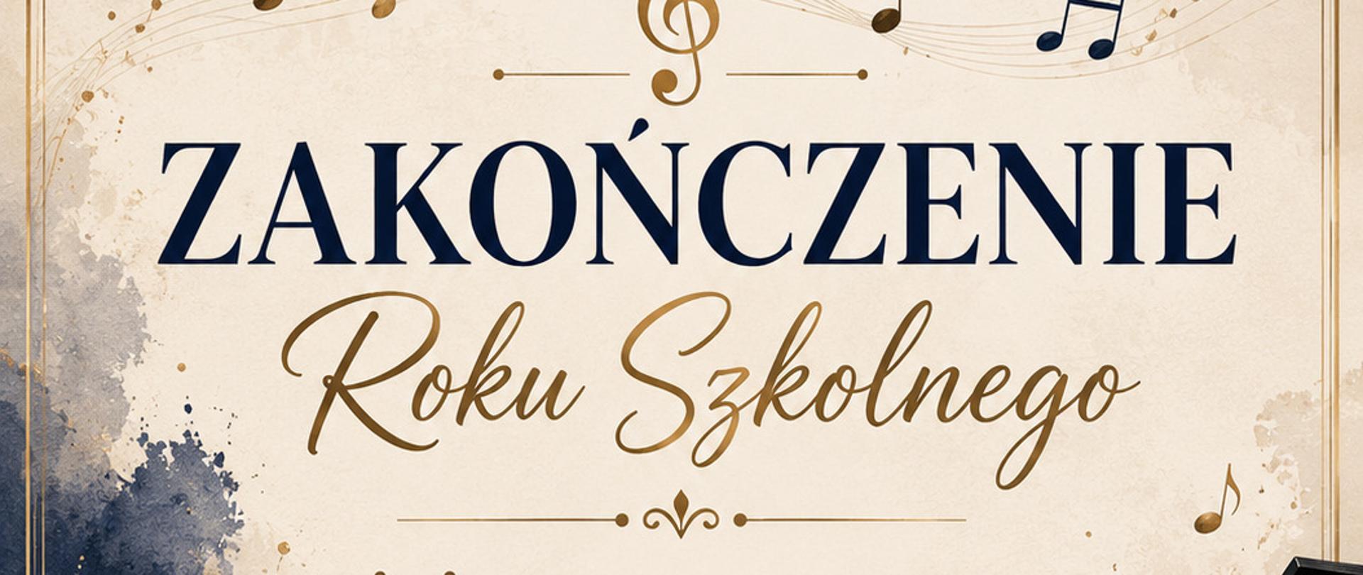 Plakat przedstawia czarny fortepian z otworzoną klapą i otwartymi nutami. Widoczne są również skrzypce ze smyczkiem, otworzone nuty i flet poprzeczny. 