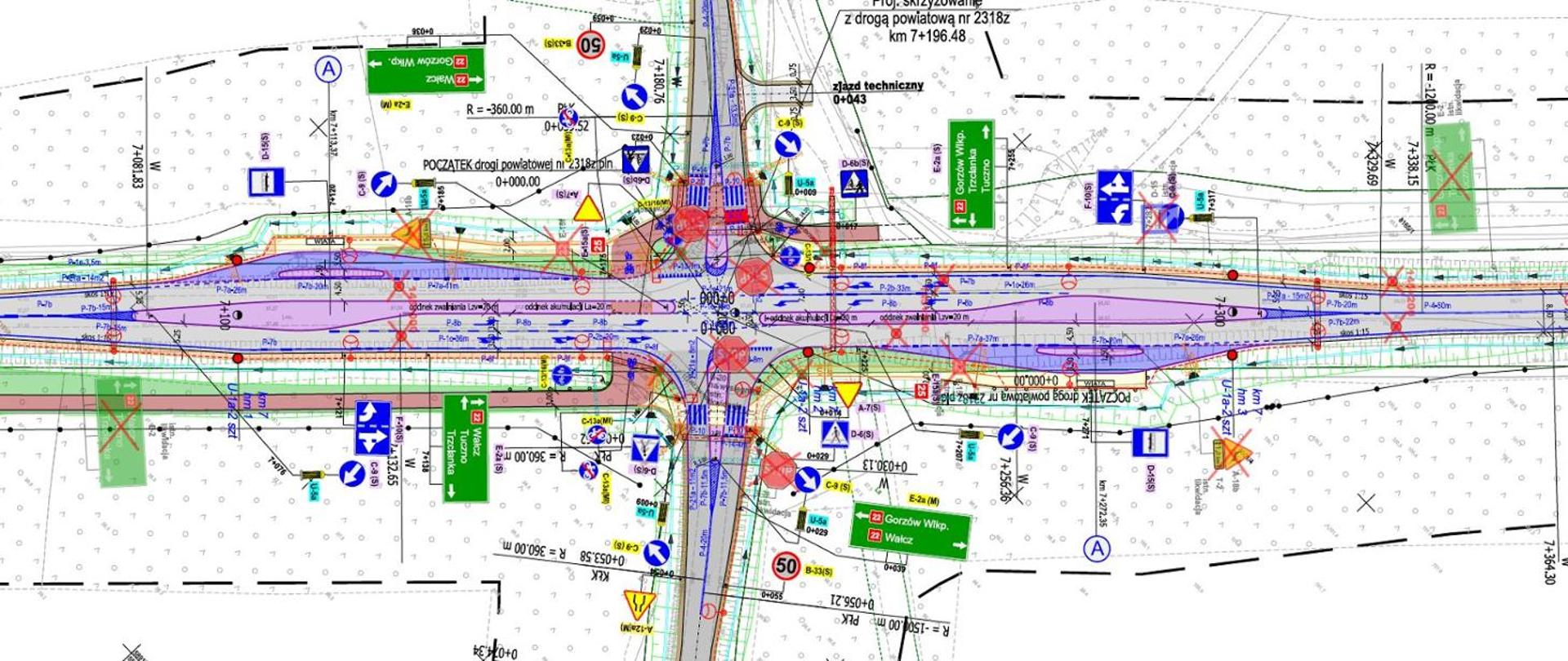 DK22 Mapa drogi - skrzyżowania z widocznymi jezdniami i pasami ruchu