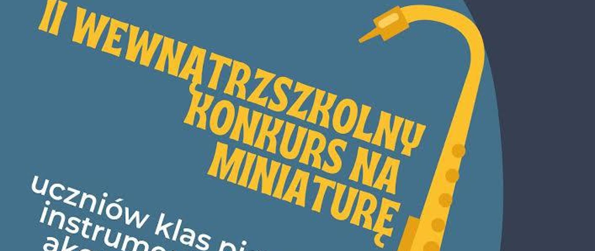 żółty saksofon, tło złożone z trzech kolorów, jasnożółty, granatowy i niebieski, logo szkoły