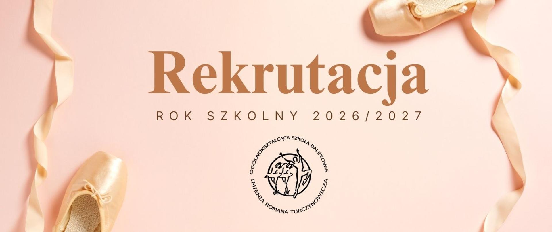 Plakat na rekrutację do szkoły. Beżowe tło, pointy. Napis: rekrutacja, rok szkolny 2026-2027.