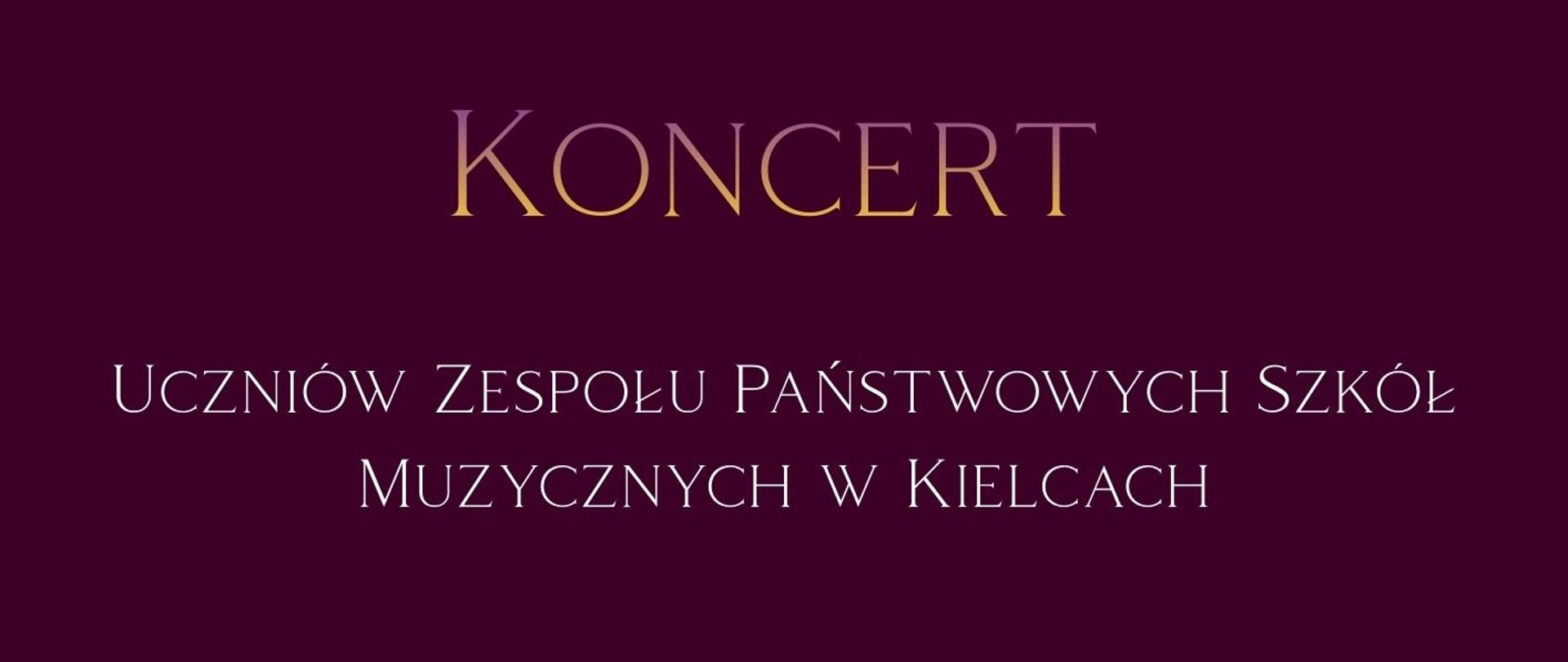Plakat promujący koncert szkolny na jednolitym, ciemnym bordowym tle, z elegancką typografią w kolorze białym i złotym. U góry znajduje się logo oraz pełna nazwa instytucji: Państwowa Szkoła Muzyczna I i II stopnia imienia Ignacego Jana Paderewskiego w Stalowej Woli, a poniżej mniejszy napis „zaprasza na”. Centralnie umieszczony jest duży, wyróżniający się napis „KONCERT”. W środkowej części widnieje informacja: „Koncert uczniów Zespołu Państwowych Szkół Muzycznych w Kielcach”, zapisana wyśrodkowanym tekstem o wysokim kontraście względem tła. Niżej podano program wydarzenia: „W programie utwory J. Haydna, C. Czernego, E. Griega, L. van Beethovena, C. Saint-Saënsa”, zapisany mniejszą czcionką w kolorze złotym. Pod nim znajduje się informacja organizacyjna: „Koncert poprowadzi dyrektor szkoły Artur Jaroń”. W dolnej części plakatu zamieszczono szczegóły wydarzenia: data „20 marca 2026”, godzina „17:00” oraz miejsce „aula szkoły”, rozmieszczone w sposób czytelny i uporządkowany. W prawym dolnym rogu znajduje się duża, dekoracyjna ilustracja fortepianu koncertowego przedstawionego w stylu wielobarwnej mozaiki, złożonej z licznych geometrycznych wzorów i intensywnych kolorów, co stanowi kontrast wobec minimalistycznego tła. Całość kompozycji jest symetryczna, uporządkowana pionowo i nie zawiera zdjęć osób ani dodatkowych elementów rozpraszających.