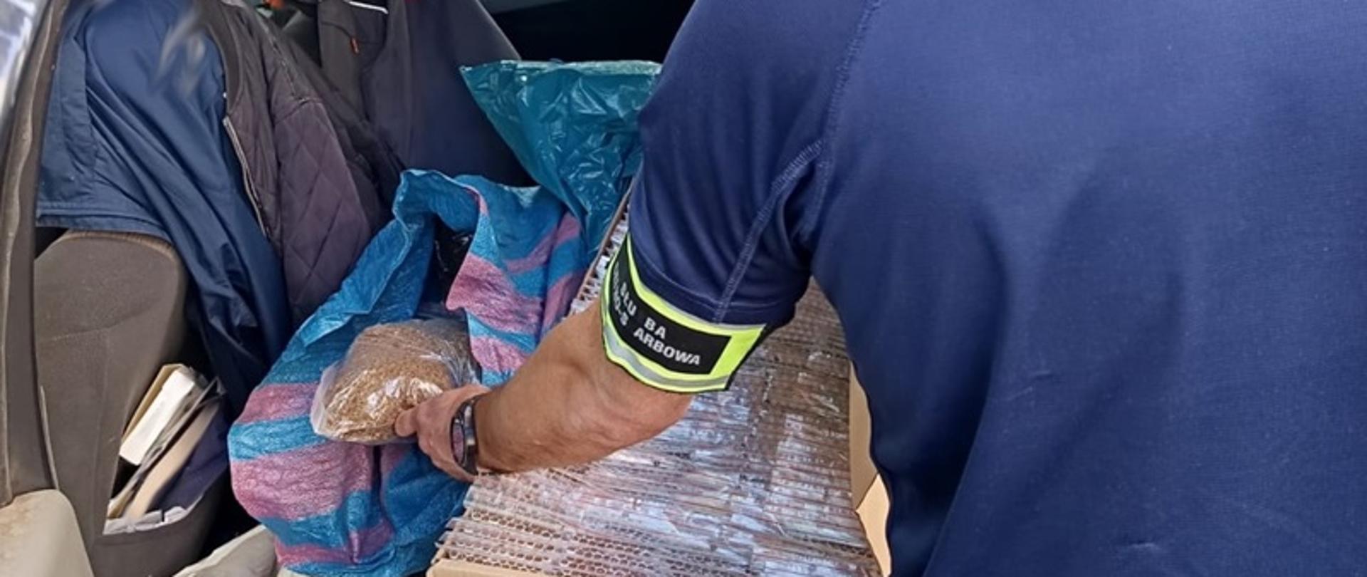 Funkcjonariusz z opaską z napisem: Służba Celno-Skarbowa trzyma w ręku torebkę z tytoniem, leżącą na siedzeniu samochodu, obok pudło z torebkami z papierosami. 