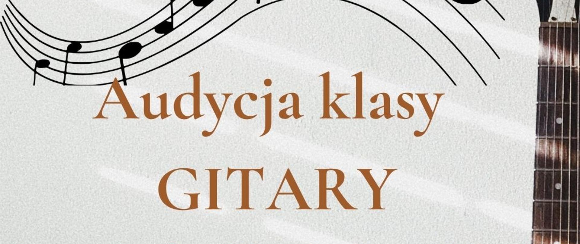 Zdjęcie przedstawia gitarę wraz z nutami na szarym tle.