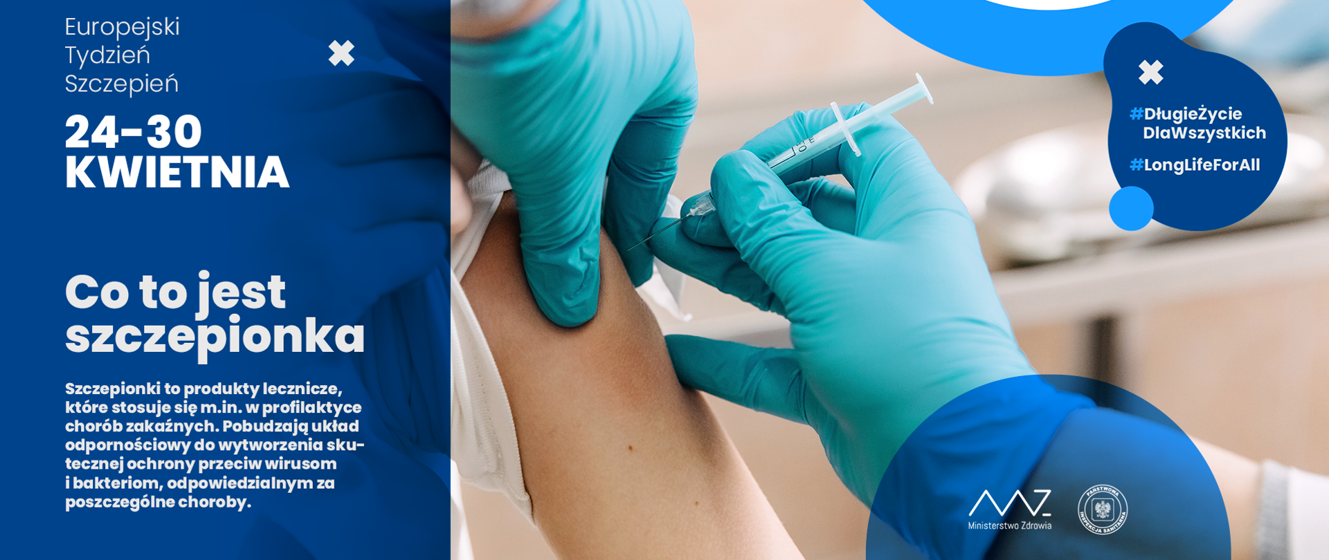 Ulotka dot. Europejskiego Tygodnia Szczepień. Ulotka utrzymana w niebieskich kolorach z napisem: Szczepionki to produkty lecznicz, które stosuje się m. in. w profilaktyce chorób zakaźnych. Pobudzają układ odpornościowy do wytworzenia skutecznej ochrony przeciw wirusom i bakteriom, odpowiedzialnym za poszczególne choroby.