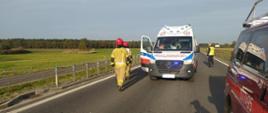 Wypadek na obwodnicy Rawicza. Na jezdni stoi ambulans medyczny oraz wóz straży pożarnej. W kierunku karetki idzie dwóch strażaków w ubraniach koloru piaskowego i w czerwonych hełmach. Z prawej strony znajduje się policjant w białej czapce. Po obu stronach drogi łąki. W tle las.