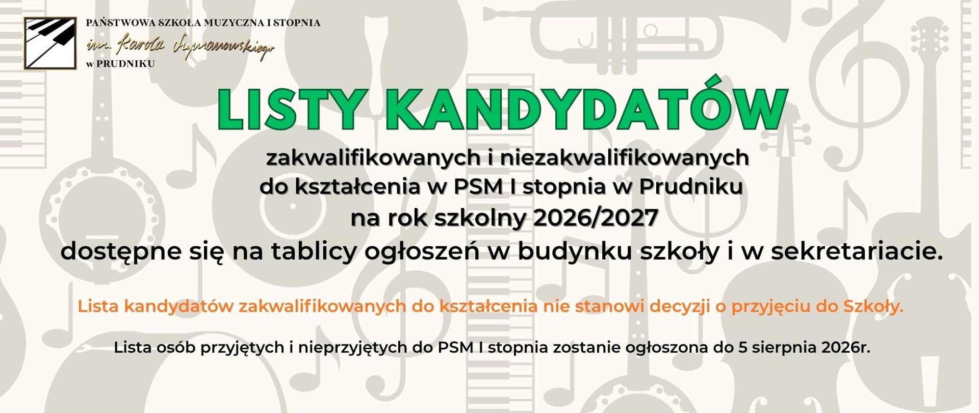 Baner z informacją dla kandydatów zakwalifikowanych i niezakwalifikowanych do kształcenia w PSM I st. w Prudniku. W tle szare grafiki przedstawiające nuty i instrumenty. W lewym górnym rogu logo szkoły.