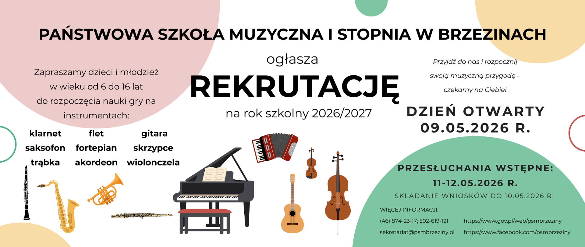 Grafika przedstawia na białym tle informacje dotyczące rekrutacji na rok szkolny 2026/2027. W tle instrumenty muzyczne.