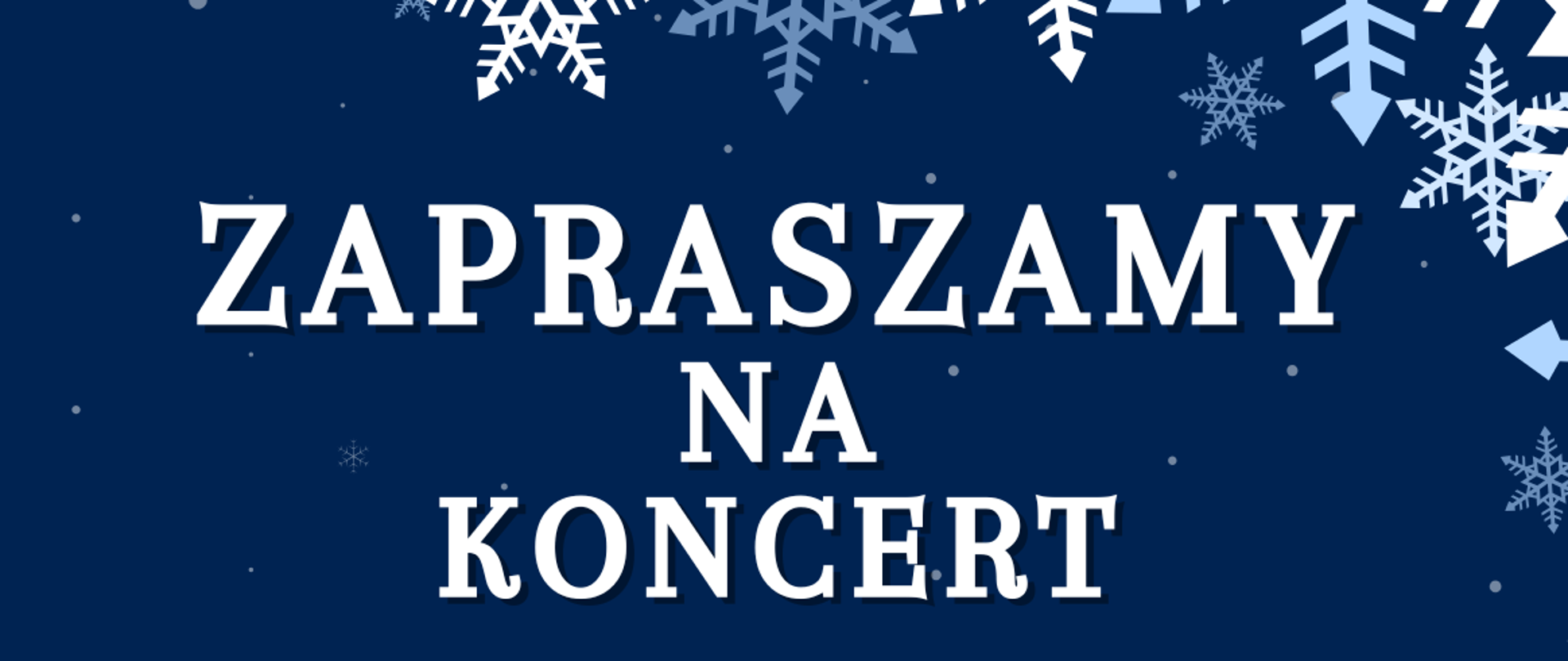 Tło obrazka w kolorze granatowym. W prawym górnym rogu białe i błękitne płatki śniegu. Na środku biały napis: "zapraszamy na koncert uczniów klasy fletu Pani Katarzyny Karczewskiej oraz uczniów klasy fortepianu Pani Katarzyny Olszewskiej, 20 stycznia 2025 r. (poniedziałek) godz. 17:00". U dołu biała warstwa śniegu, na nim błękitne choinki. Po lej stron ie czarny fortepian, a przy nim dziewczynka w fioletowej bluzce, fioletowych spodenkach i fioletowej apaszce na głowie. Po prawej stron ie dziewczynka grająca na flecie poprzecznym. Ubrana w żółtą bluzkę i niebieską spódnicę. Na grafice śniegi granatowy napis: "sala koncertowa".