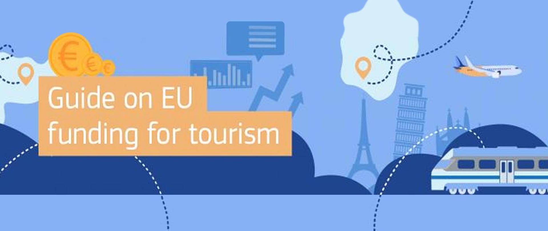 Przewodnik po finansowaniu unijnym na turystykę - napis w języku angielskim "Guide on EU funding for tourism", w tle piktogramy budowli europejskich, samolot, pociąg, wykresy i strzałki oraz symbol waluty Euro