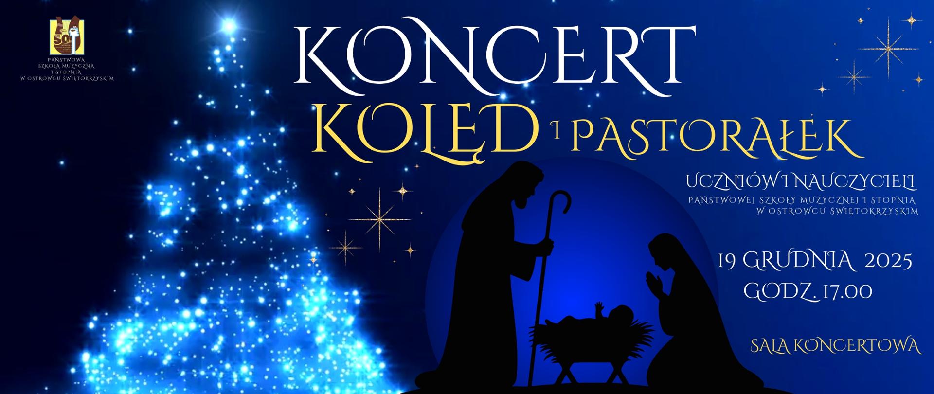 szopka w kolorze czarnym na niebieskim tle obok rozświetlonej choinki z literami informującymi o koncercie w kolorze biało-żółtym i logo szkoły w lewym górnym rogu