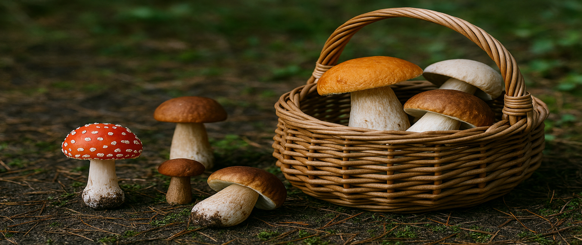 na zdjęciu przedstawiono grzyby jadalne i trujące, a także odpowiedni koszyk do zbierania grzybów jadalnych