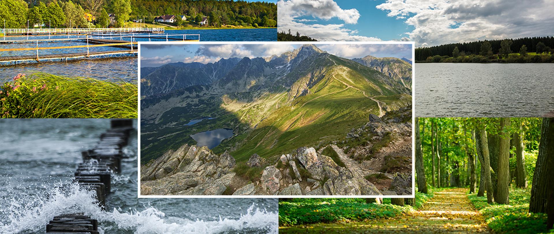 Zdjęcia wakacyjnych widoków nad jeziorem, nad morzem, w górach oraz w lesie.