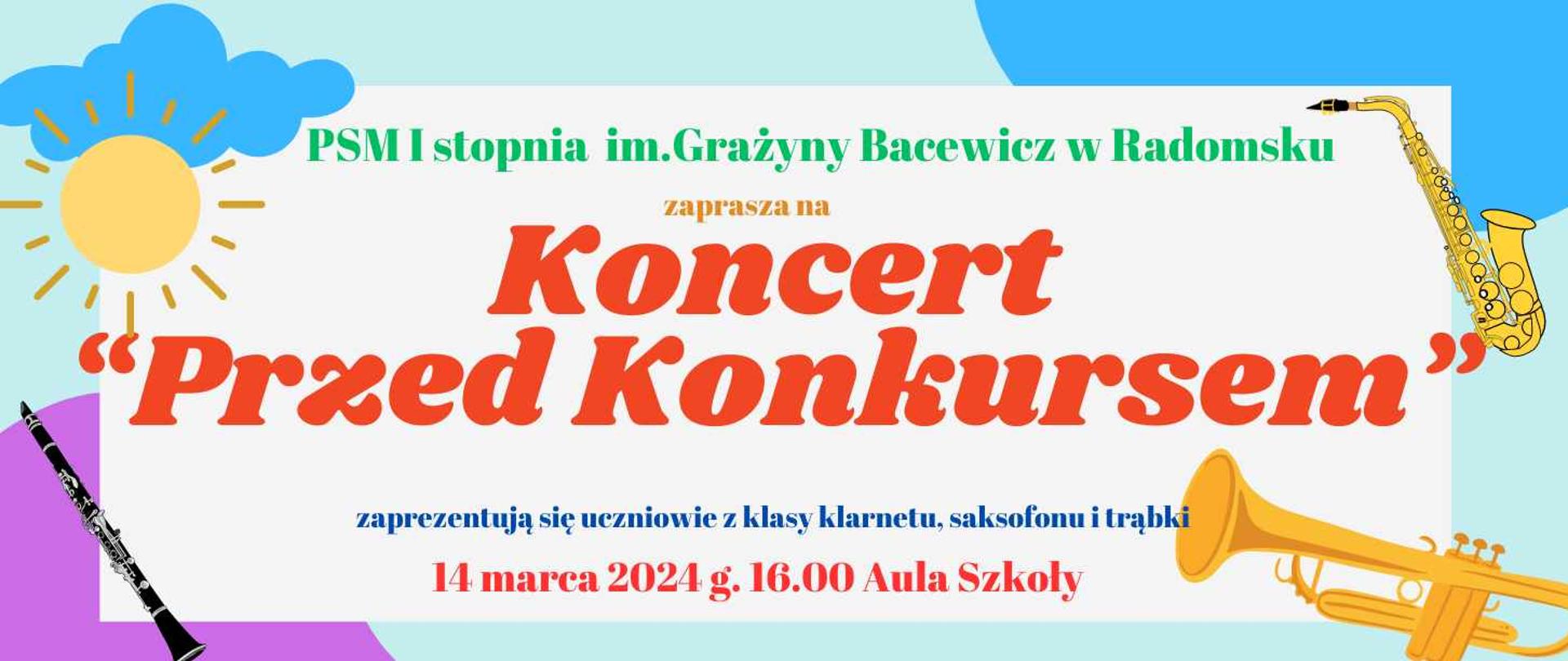 Na tle w kolorach błękitnym, fioletowym, niebieskim znajdują się napisy informacyjne w kolorze czerwonym, niebieskim, zielonym oraz grafiki trąbki, saksofonu w kolorze żółtym grafika słońca w kolorze żółtym, a także grafika klarnetu w kolorze czarnym.