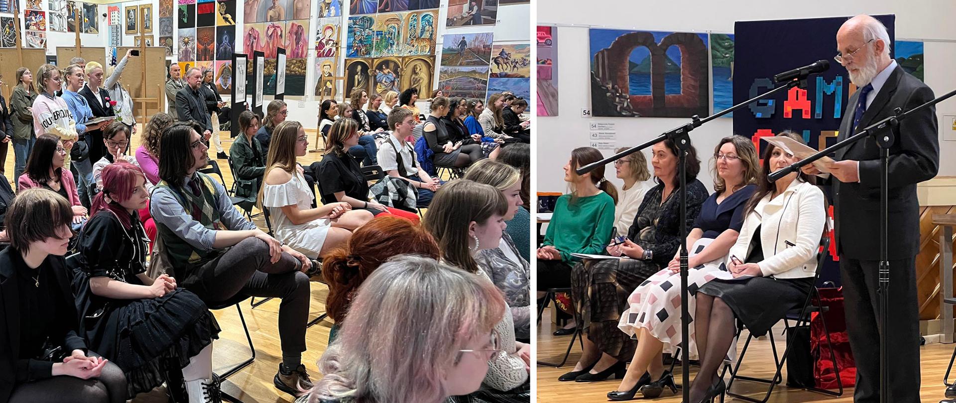 Kompozycja dwóch zdjęć. Z lewej strony fotografia przedstawia grupę siedzących osób (głównie uczniów). Na zdjęciu po prawej stronie siedzą wychowawcy i stojąca postać dyrektora szkoły.