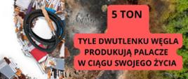Grafika przedstawia krajobraz podzielony na pół. Z jednej strony jest zniszczony przez tyto ń z drugiej zdrowy i zielony. Napis: 5 ton, tyle dwutlenku węgla produkują palacze w ciągu swojego życia 