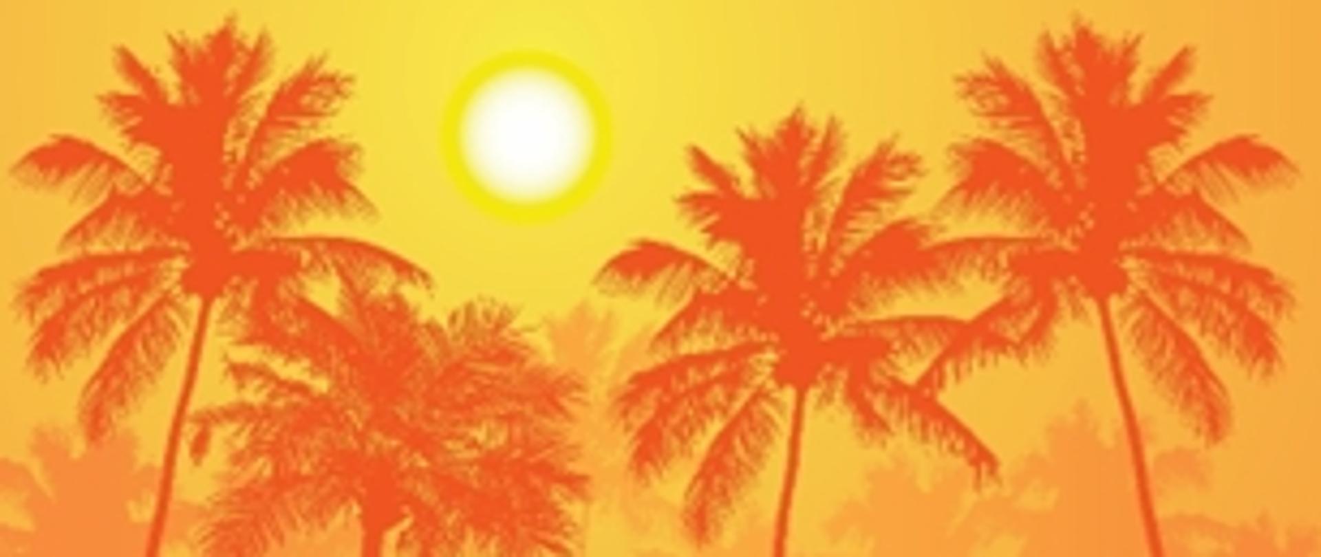 Żółte tło, białe słońce, pomarańczowe palmy