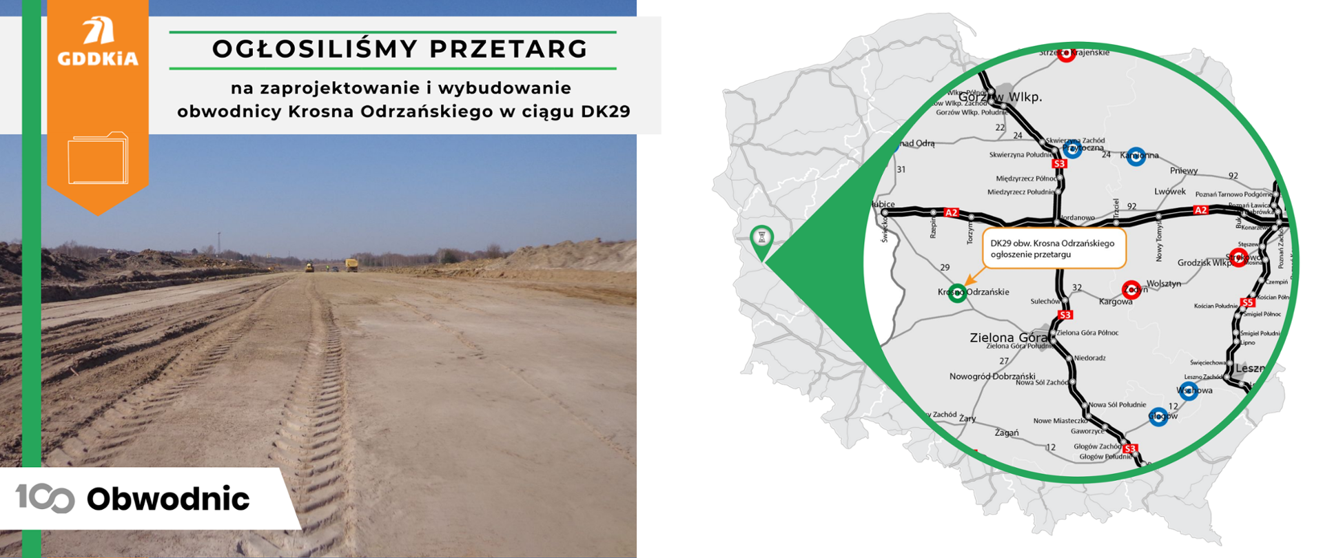 Grafika informacyjna o ogłoszonym przetargu na budowę obwodnicy Krosna Odrzańskiego