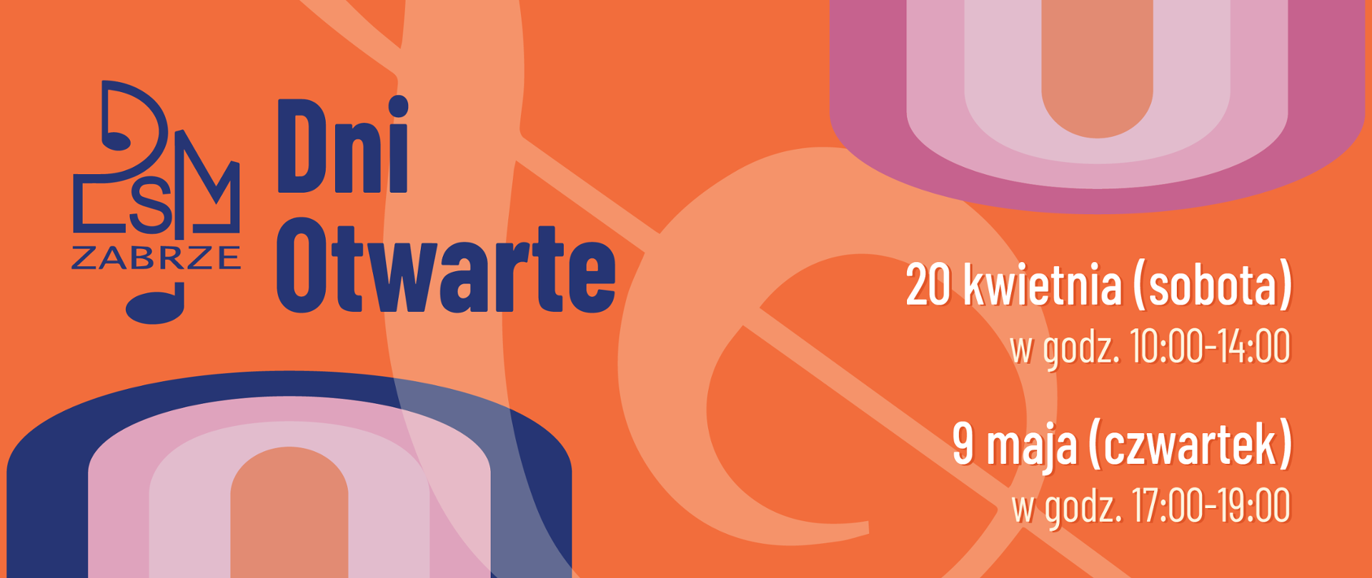 na pomarańczowym tle, grafiki w kolorach niebieskim i odcieniach fioletu, z lewej niebieskie logo szkoły, napisy niebieskie i białe