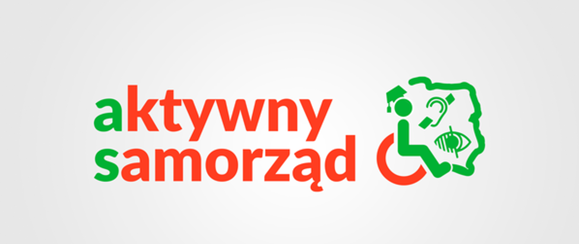 grafika przedstawia logo akcji "aktywny samorząd" w postaci konturu osoby na wózku inwalidzkim wpisanego w kontur mapy Polski. Wewnątrz konturu mapy Polski znajdują się loga oznaczające osoby niedosłyszące i niedowidzące.