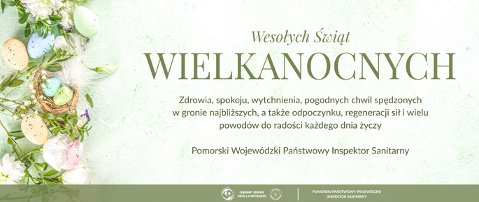 Grafika z życzeniami Wielkanocnymi na rok 2026 z jajkami i piórkami