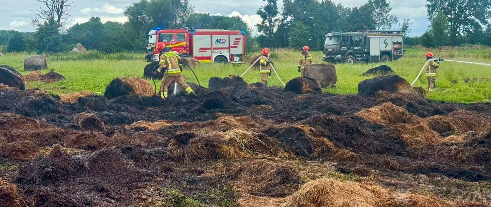 Na zdjęciu widać akcję strażaków na otwartym terenie. Kilku ratowników w ubraniach ochronnych i hełmach dogasza wodą rozrzucone po polu bele oraz sterty nadpalonej słomy lub siana. W tle stoją dwa samochody pożarnicze, a teren otaczają drzewa i zarośla. Nad miejscem działań jest pochmurne niebo.