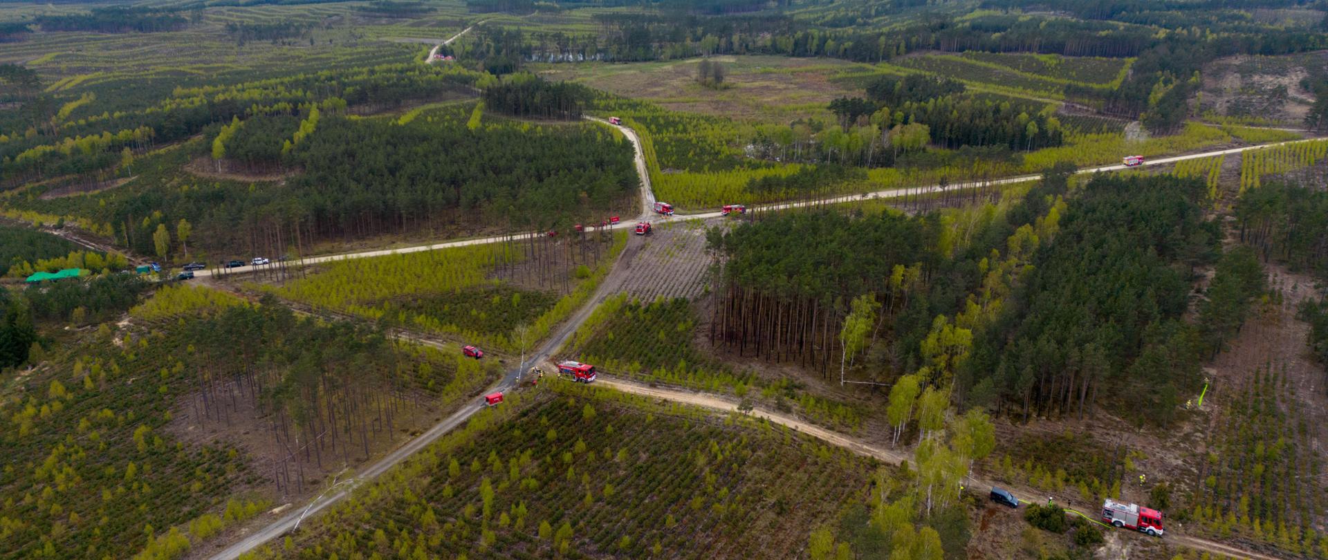 Widok z lotu ptaka. Na leśnej drodze zaparkowane są samochody strażackie oraz namioty zaplecza ćwiczeń. W oddali widać dym, który symuluje pożar.