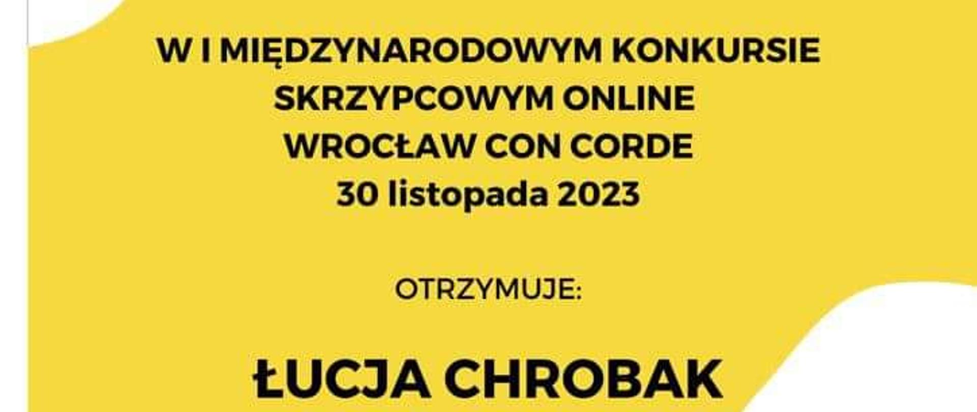 Zjęcie przedstawia dyplom uczestniczki międzynarodowego konkursu skrzypcowego online Łucji Chrobak za zajęcie miejsca III. 