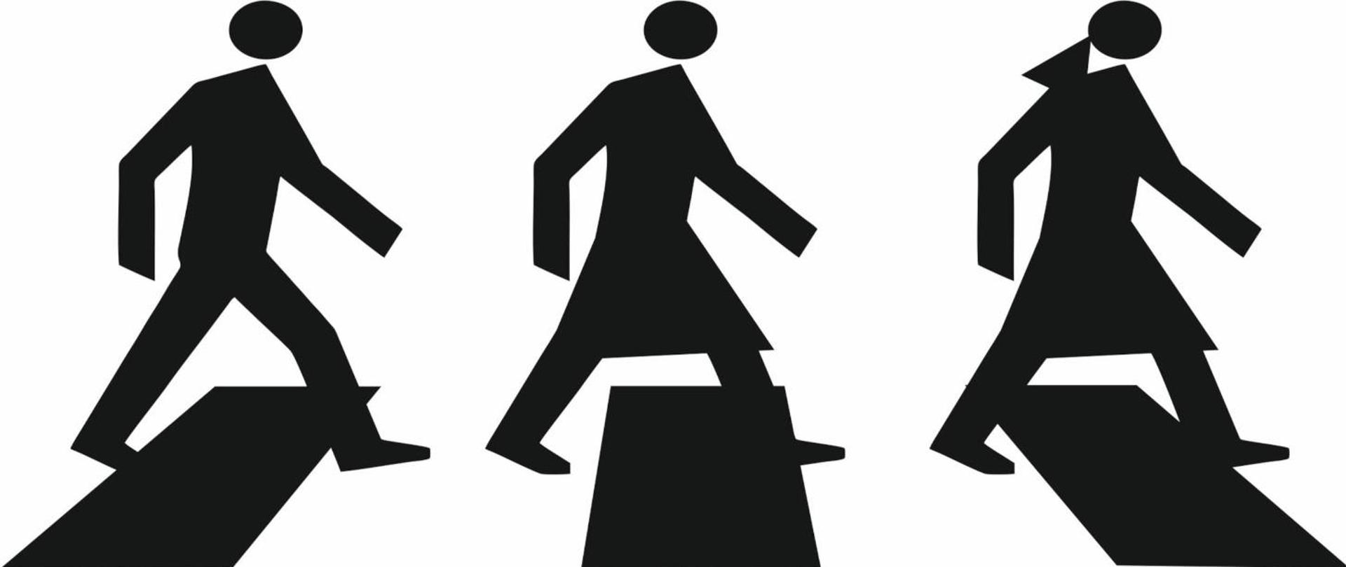 na białym tle 3 czarne postacie przechodzą przez przejście 