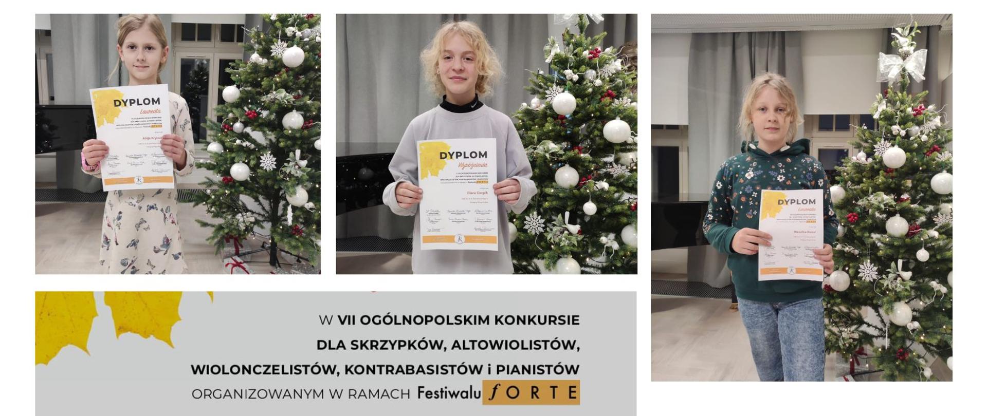 Projekt z trzema zdjęciami. Każde zdjęcie przedstawia uczennicę klasy skrzypiec stojącą przy choince i trzymającą w dłoniach dyplom. W tle widać fragment fortepianu, okno i kotary w kolorze szarym. 
