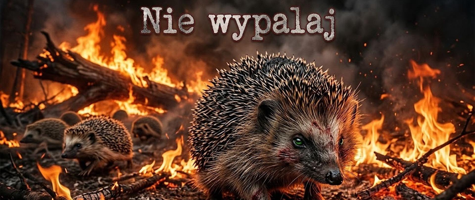 Zdjęcie wygenerowane przez AI - jeże uciekają przed płomieniami