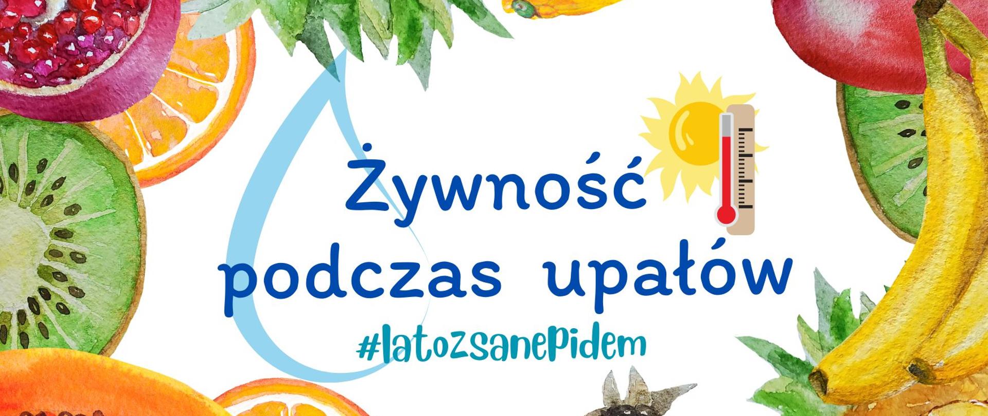 Na środku planszy napis - żywność podczas upałów, na dole i górze owoce
