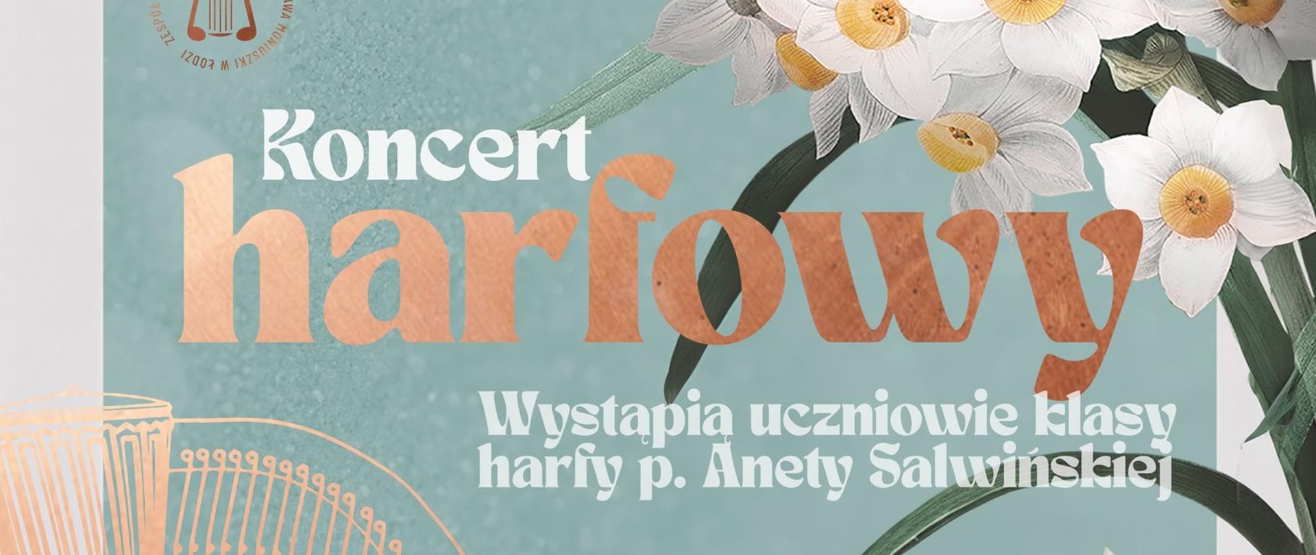 motyw harfy na zielonym tle, w rogu kwiaty