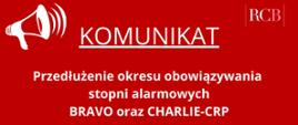 KOMUNIKAT. Przedłużenie okresu obowiązywania stopni alarmowych BRAVO i CHARLIE-CRP do 15 maja 2022 r. do godz. 23.59