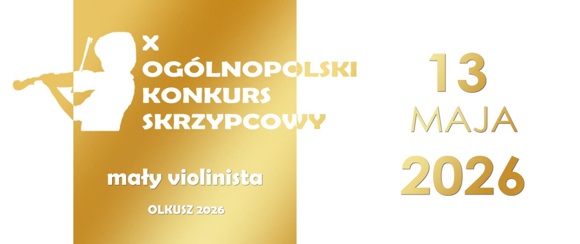 białe tło i białe napisy, złoty kwadrat ze skrzypkiem 