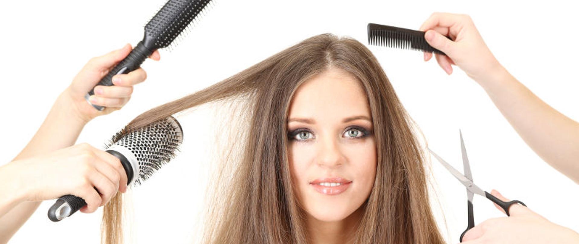 Woman with long hair in beauty salon, isolated on white