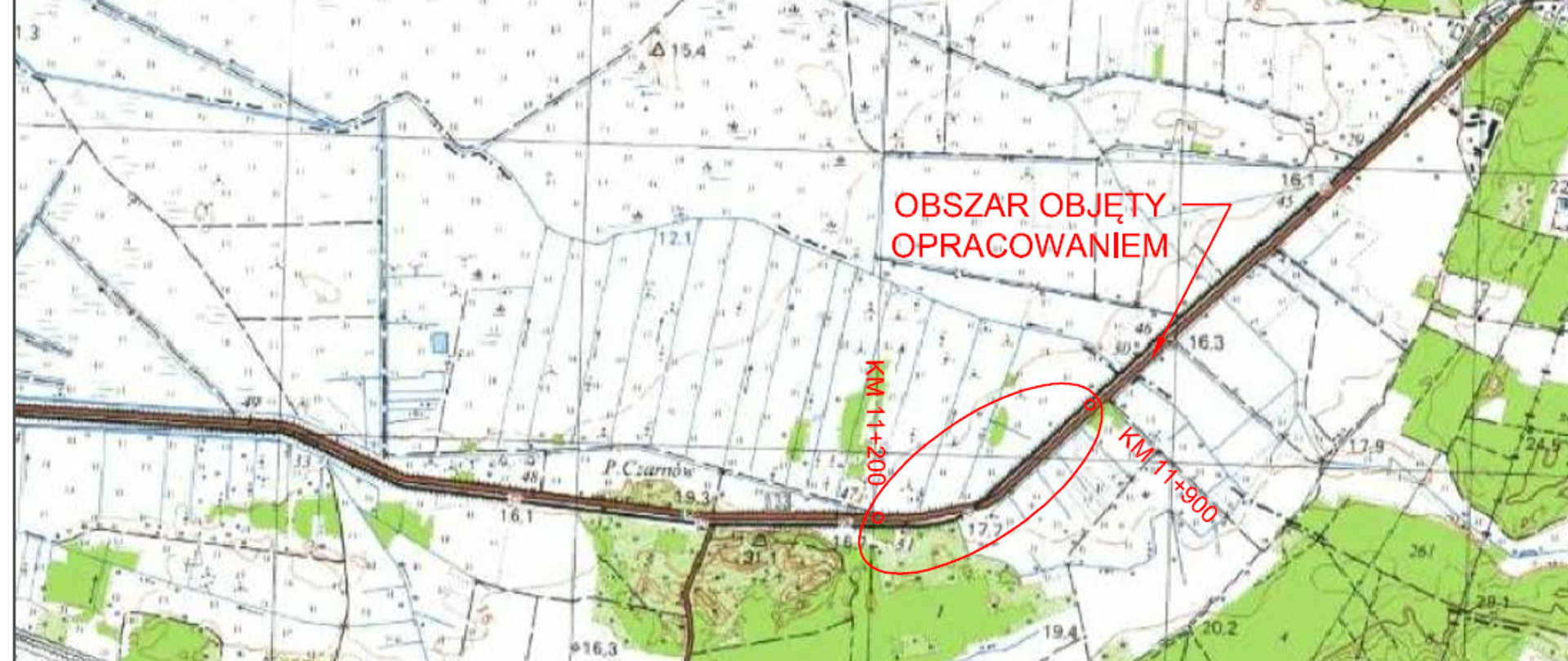 Mapa z zaznaczonym fragmentem drogi przeznaczonym do przebudowy.