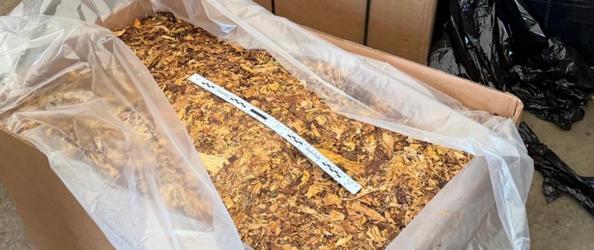 Otwarty karton wyłożony przezroczystą folią, wypełniony rozdrobnionym suszem roślinnym; na wierzchu leży biała miarka.