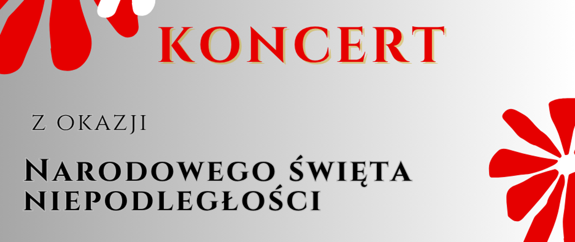 Plakat na szarym tle. Opis imprezy w kolorze czerwonym oraz czarnym. Na dole ikona nut