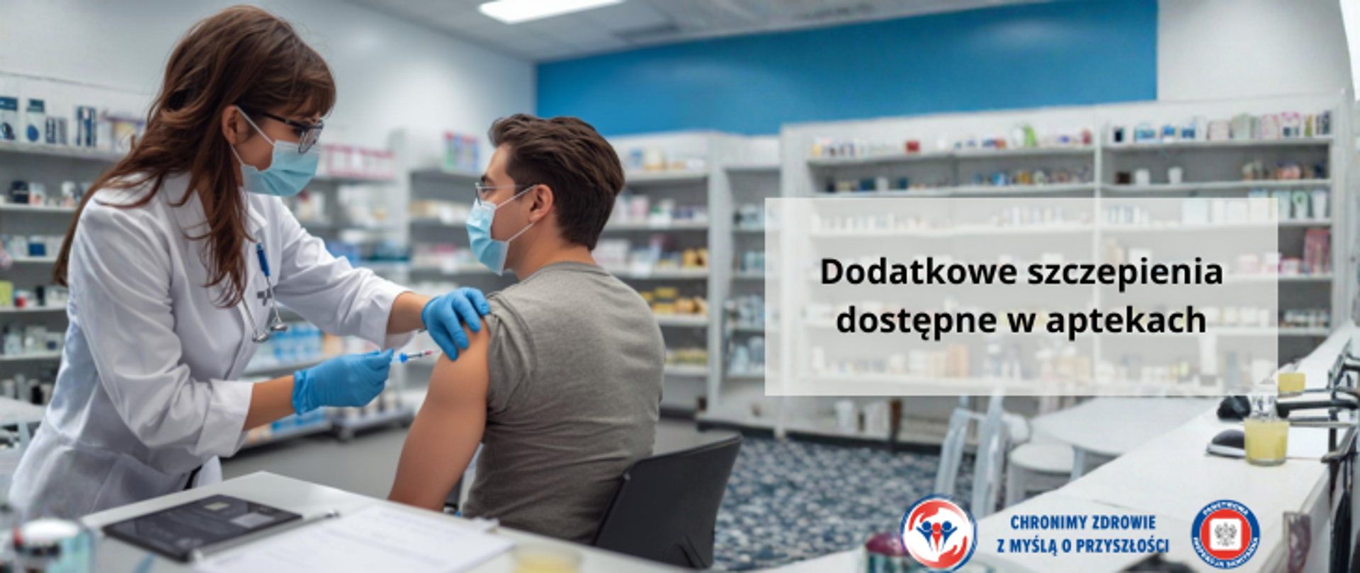 Grafika przedstawia farmaceutkę w białym fartuchu, która wykonuje szczepienie ochronne mężczyźnie, który siedzi na krześle. Sytuacja ma miejsce w aptece ponieważ w tle widać regały z różnymi preparatami i lekami. Po prawej stronie umieszczono napis "Dodatkowe szczepienia dostępne w aptekach. W prawym dolnym rogu znajdują się dwa logo Inspekcji Sanitarnej oraz hasło Chronimy zdrowie z myślą o przyszłości. 