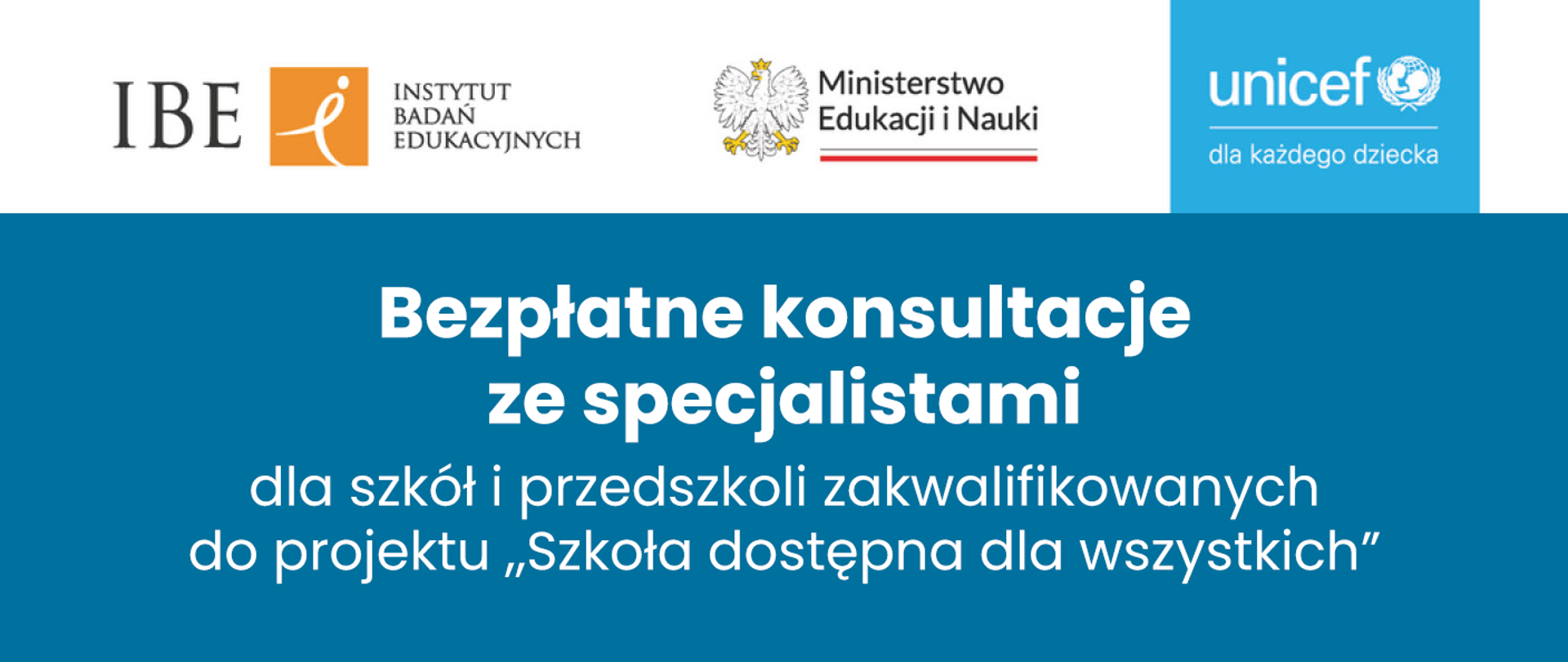 Grafika - na niebieskim tle napis Bezpłatne konsultacje ze specjalistami dla szkół i przedszkoli zakwalifikowanych do projektu Szkoła dostępna dla wszystkich.