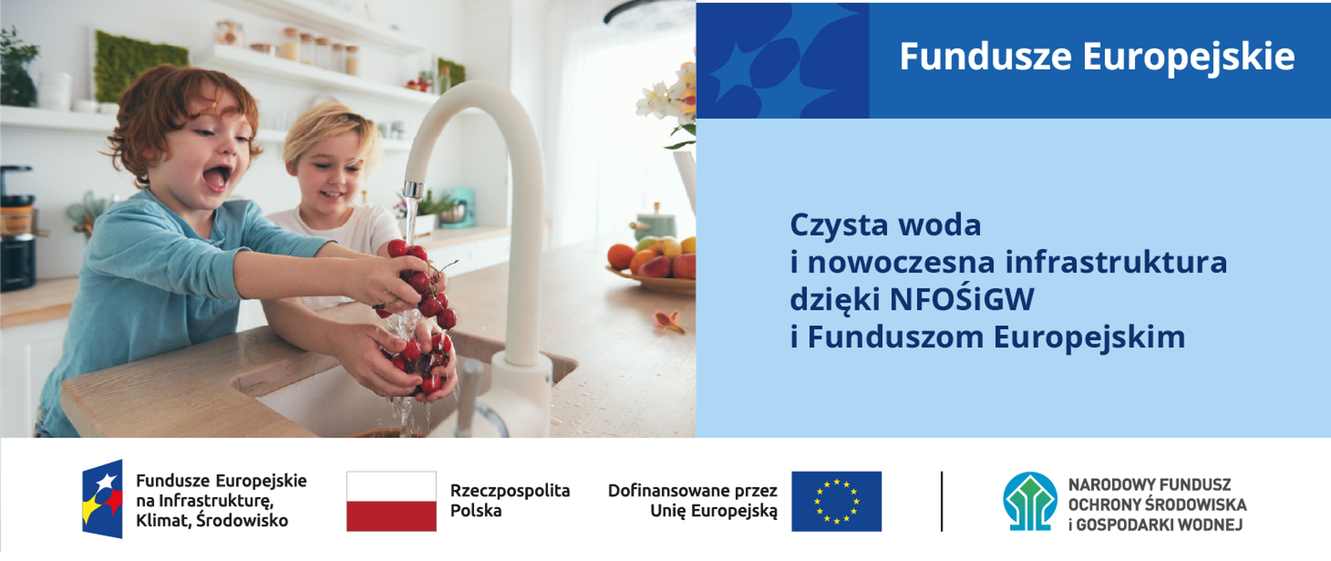 Plansza ilustracyjna. Fundusze Europejskie. Czysta woda i nowoczesna infrastruktura dzięki NFOŚiGW i Funduszom Europejskim. W stopce planszy ciąg logotypów: Fundusze Europejskie na Infrastrukturę, Klimat, Środowisko, flaga Rzeczypospolita Polska, flaga UE Dofinansowane przez Unię Europejską, logo NFOŚiGW.