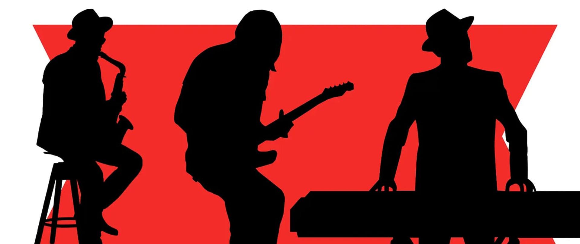 Plakat koncertu Jazz Concert zawierający informacje o terminie, godzinie oraz miejscu wydarzenia. W centralnej części usytuowana jest grafika muzyków na czerwonym tle.