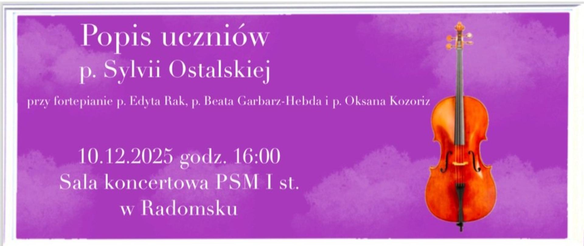 Na fioletowym tela znajdują się grafiki chmur w kolorzez jasnofioletowym, grafika wilonczeli w kolorze brązowym oraz napisy informacyjne w kolorze białym.